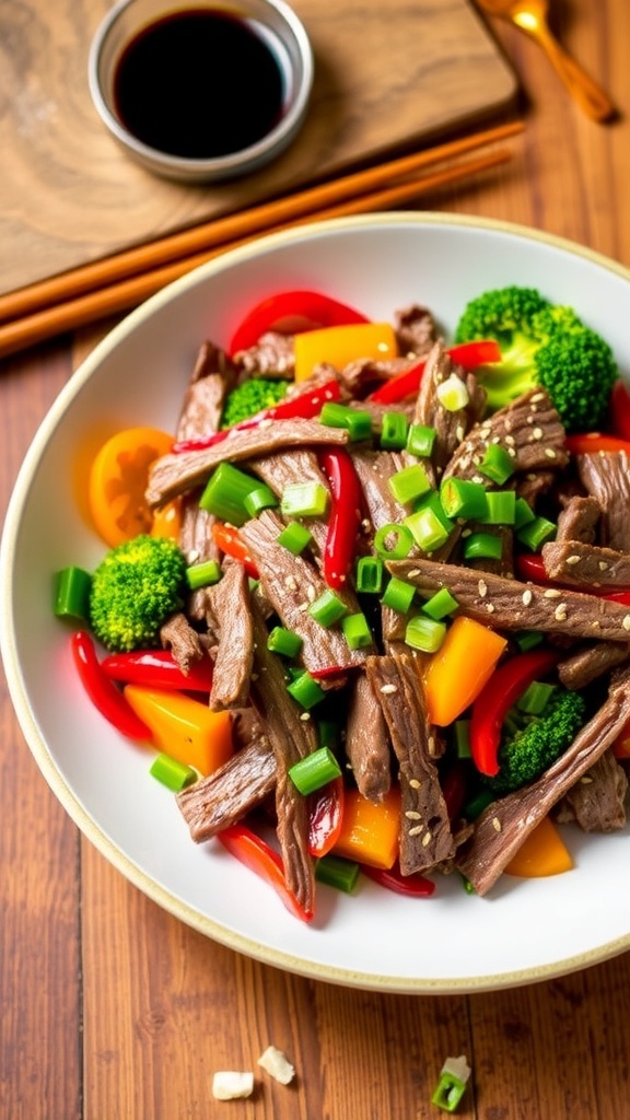 A colorful low carb beef stir-fry with beef, bell peppers, broccoli, and snap peas, garnished with sesame seeds and green onions.